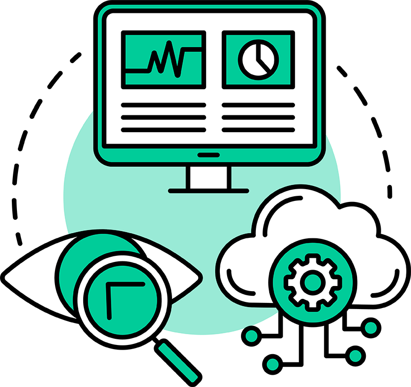 A cloud icon with a magnifying glass and a monitor.