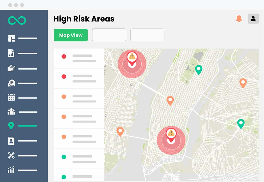 A mockup of SwiftComply a map showing high risk areas.