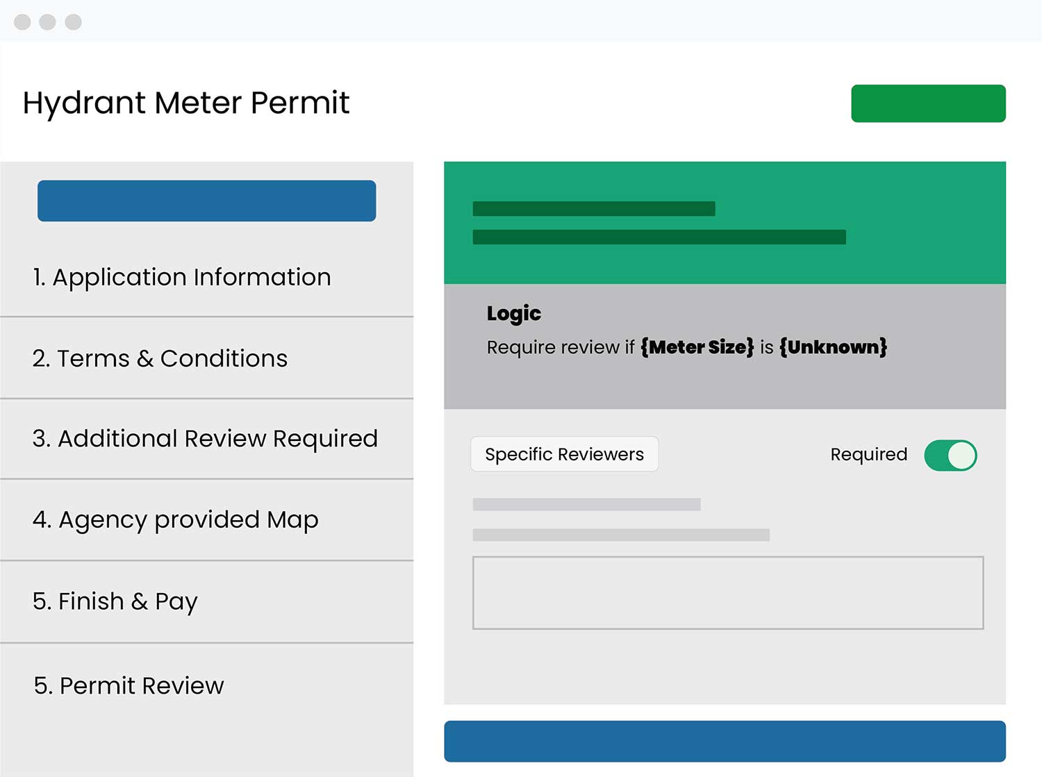 A mockup of the hydrant meter permit application on the SwiftComply Customer Portal.