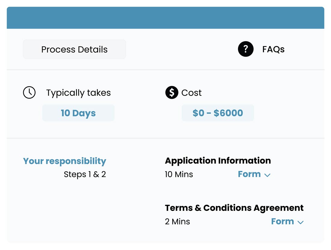 A screen showing the process of completing an application.