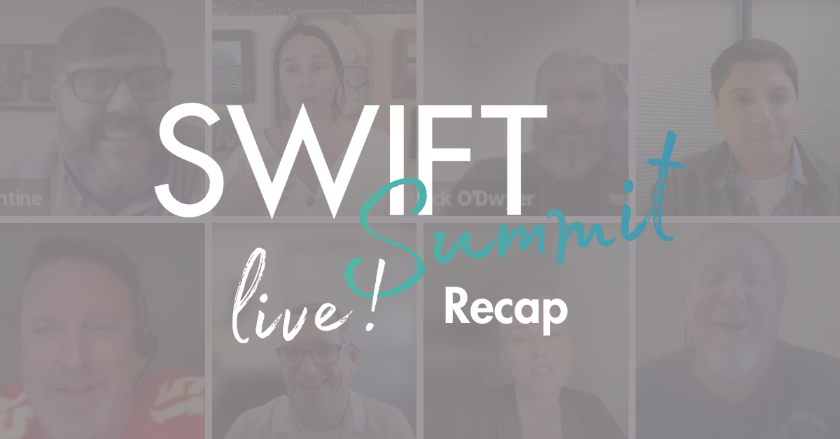 Attendees of the SwiftComply SwiftSummit with the event logo overlaid