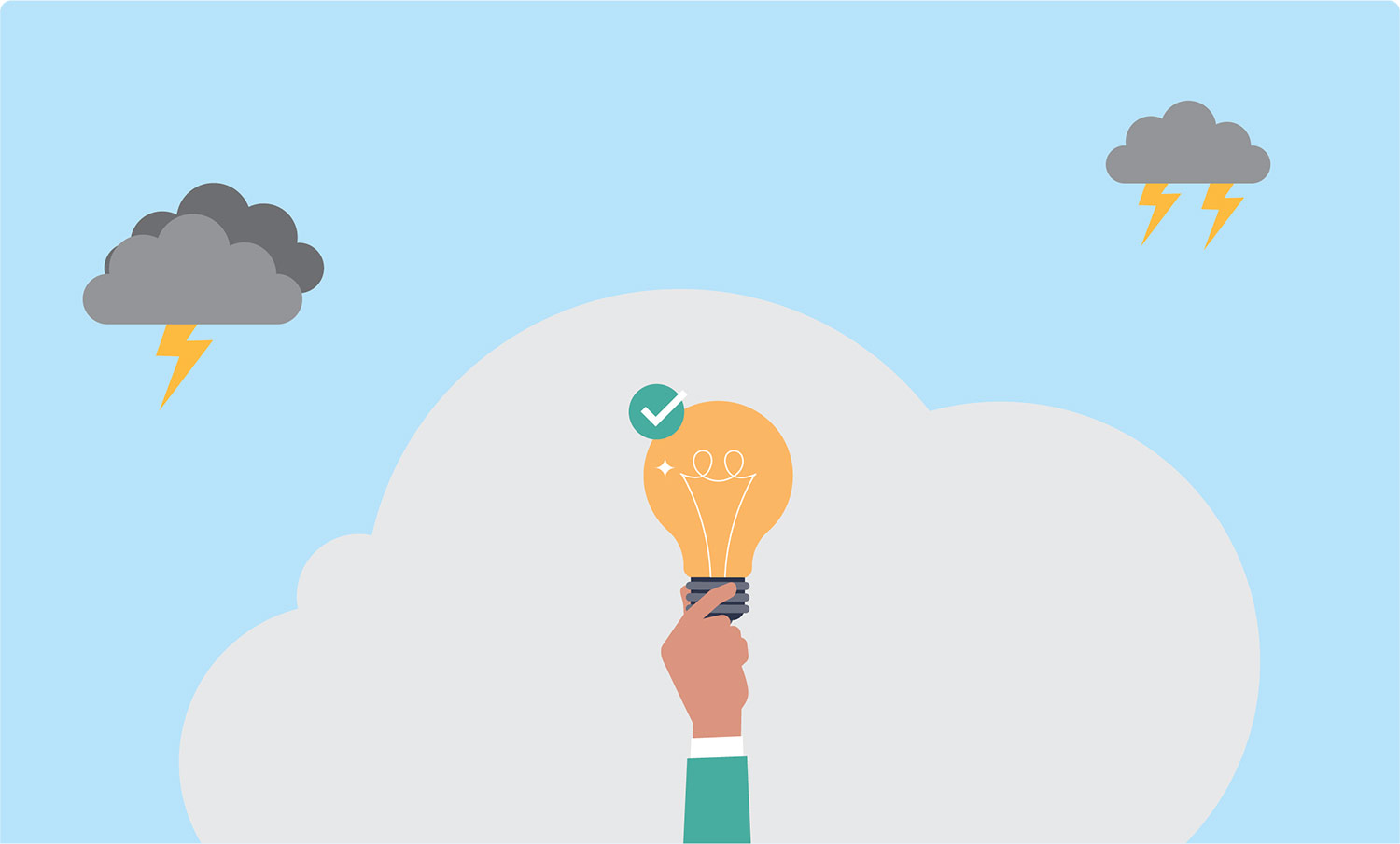 Illustration of clouds with a hand holding up a lightbulb. The image symbolizes industry pressure facing water compliance teams, with the lightbulb representing practical solutions or new ideas emerging through the storm.