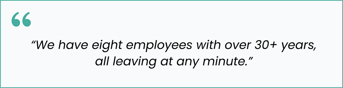 Quote: “We have eight employees with over 30+ years, all leaving at any minute.” Highlights the risk of institutional knowledge loss in the water sector workforce.