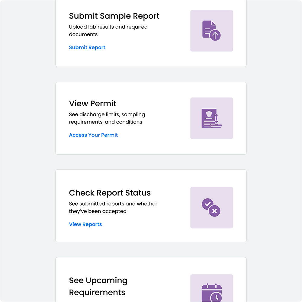 Illustration of SwiftComply’s industrial user portal, highlighting features data submission tools, task tracking and access to compliance history.