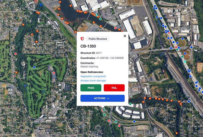 SwiftComply GIS integration showing public structure locations plotted on an aerial city map