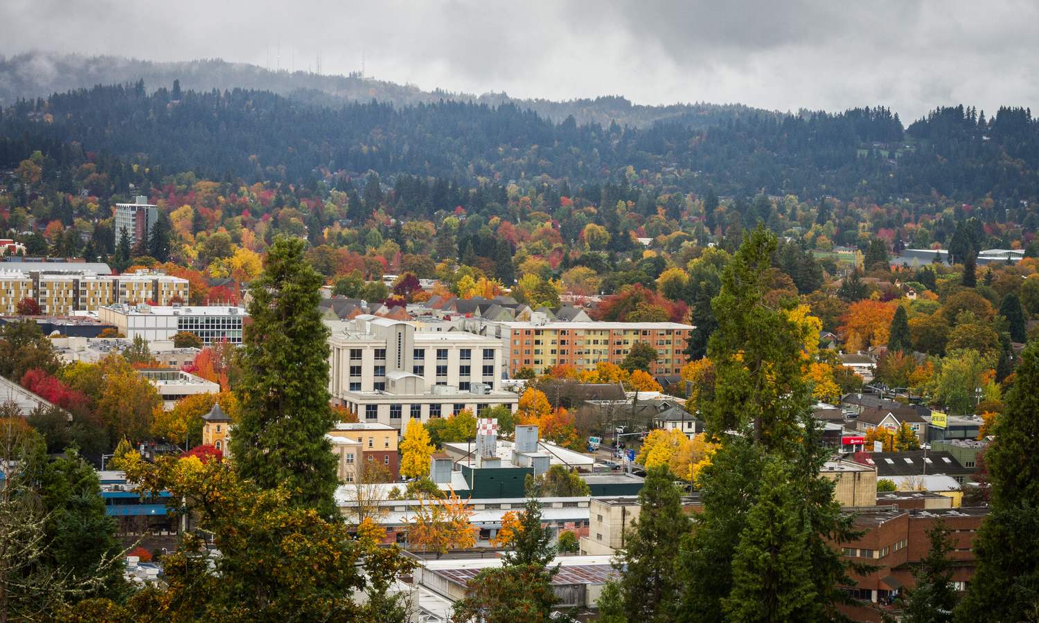 Downtown Eugene, Oregon in autumn, with fall color across the city and forested hills under low cloud behind it